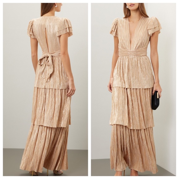 Sabina Musayev Dresses & Skirts - Sabina Musayev MAZE Gold Tiered Maxi Dress Ruffle Sleeve Tie - XS X SMALL